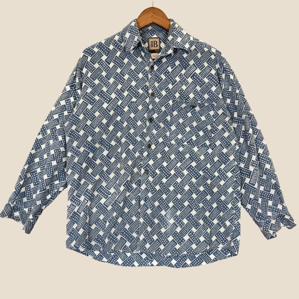 Vintage Bruno Shirt Button Down Men S Blue Geometric Linen Blend Long Sleeve